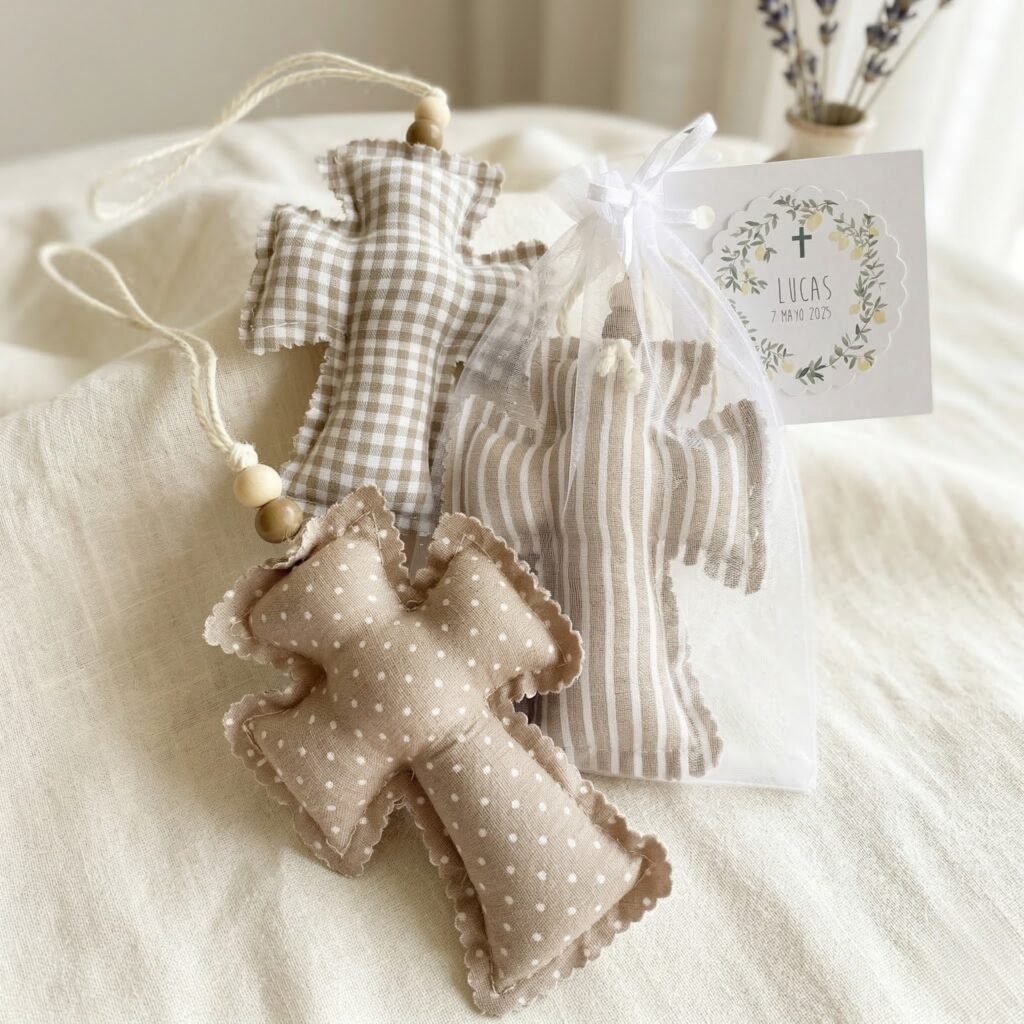 Cruces de tela acolchadas con estampados de cuadros, rayas y lunares en tonos beige