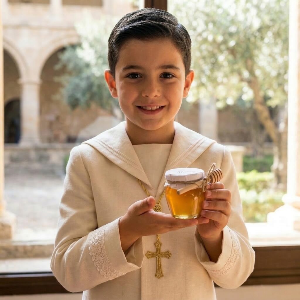 Niño vestido de primera comunión sosteniendo un tarrito de miel personalizado como regalo para invitados