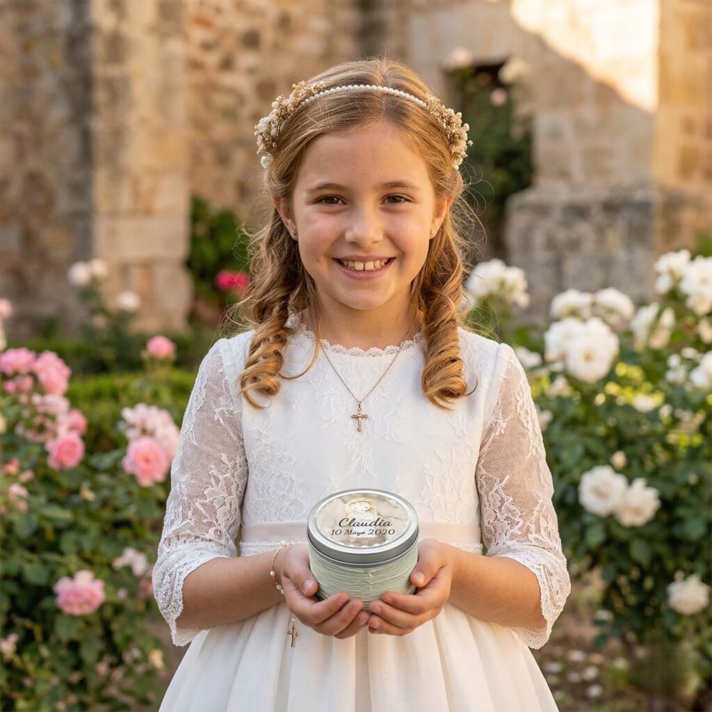 Niña de comunión en un jardín sosteniendo una vela aromática personalizada con su nombre.
